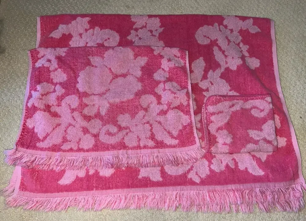 Vtg Cannon Monticello Pink Floral Sculpted Bath Hand Towel Washcloth Set MCM 3pc